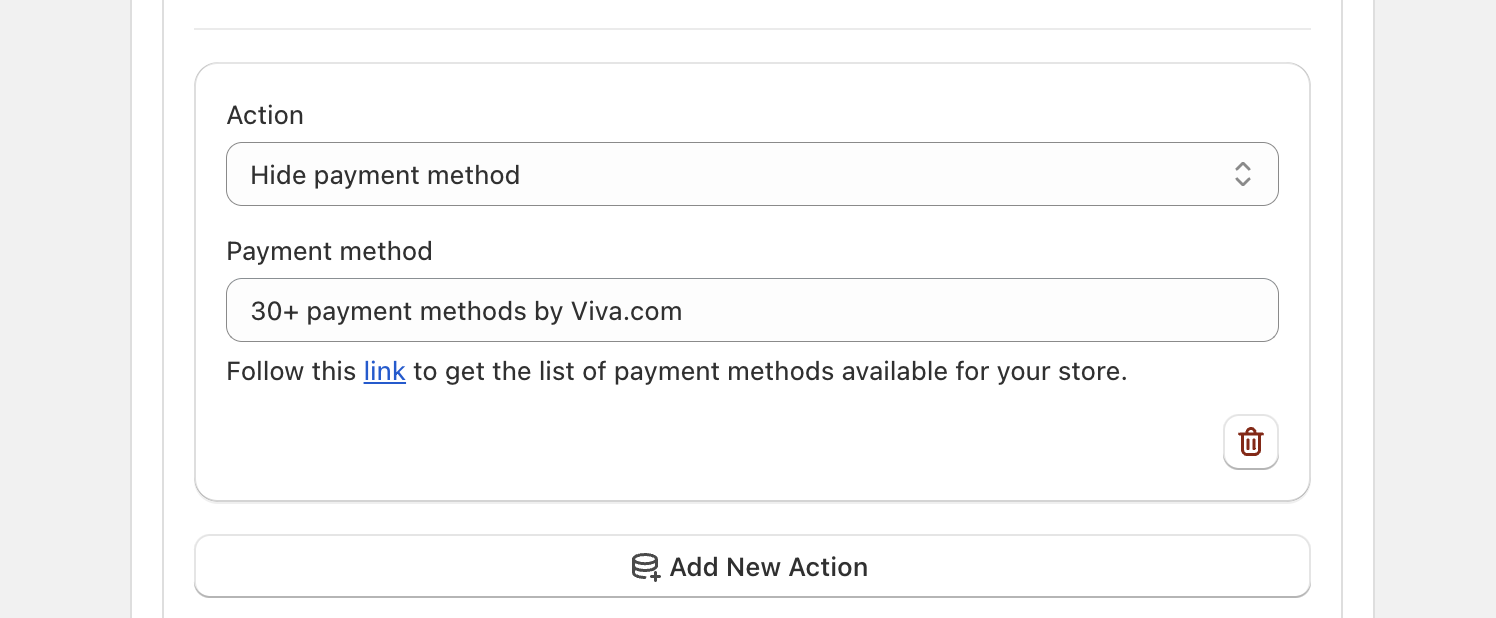 Setting the action to hide Viva Payments Set Actions